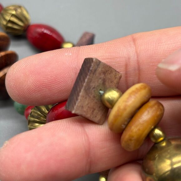 Tribal Style Statement Necklace Brass Bone Horn Wood Stone Beads 1970s Boho - Picture 13 of 16